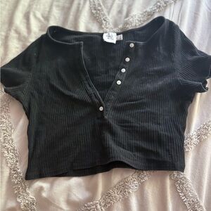 Princess Polly Black Ribbed Crop Polo Top